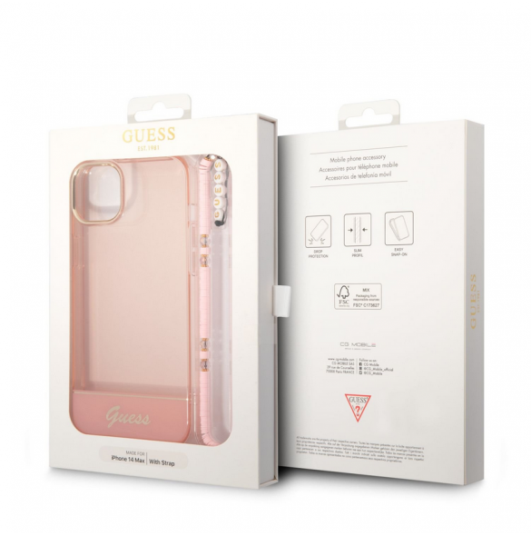 Guess PC/TPU Camera Outline Translucent Fodral med rem för iPhone 14 Plus Pink
