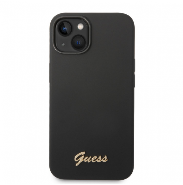 Guess flytande silikonmetalllogofodral för iPhone 14 Plus Svart