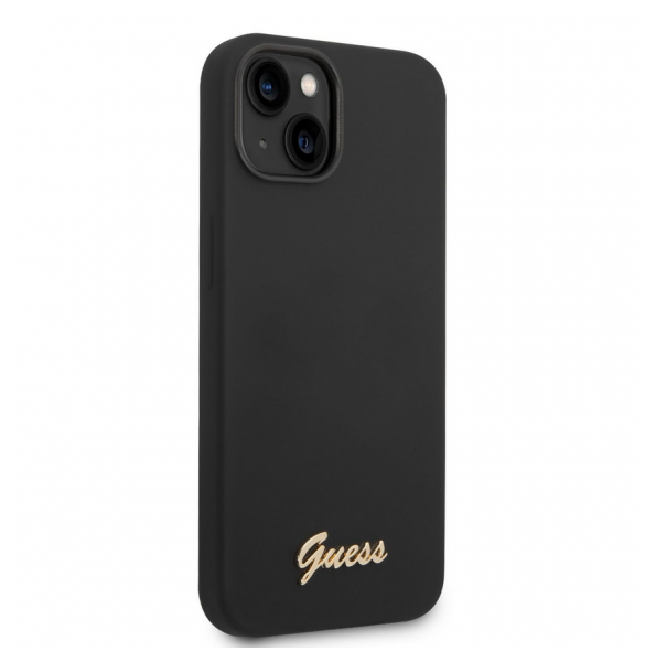 Guess flytande silikonmetalllogofodral för iPhone 14 Plus Svart