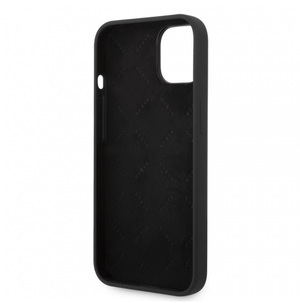 Guess flytande silikonmetalllogofodral för iPhone 14 Plus Svart