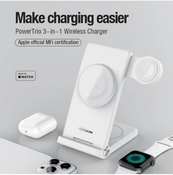 Nillkin PowerTrio 3in1 trådlös laddare MagSafe för Apple Watch Vit (MFI)
