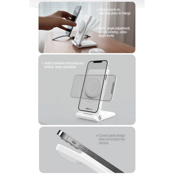 Nillkin PowerTrio 3in1 trådlös laddare MagSafe för Apple Watch Vit (MFI)