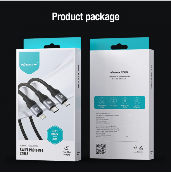Nillkin Datakabel Swift Pro 3in1 1,5m Svart