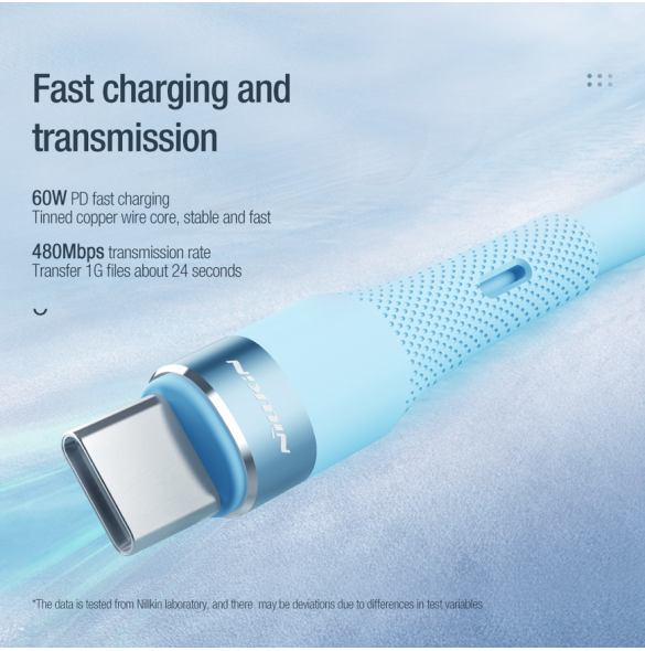 Nillkin Flowspeed flytande silikondatakabel USB-C/USB-C 1,2m 60W Svart