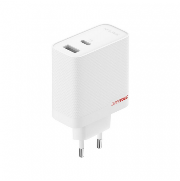 OnePlus SUPERVOOC 80W GaN Dual USB-A + USB-C reseladdare + USB-C/USB-C-kabel Vit