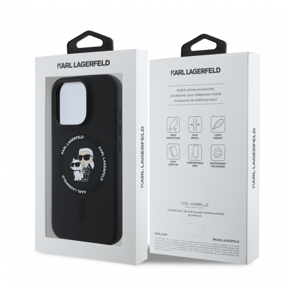 Karl Lagerfeld flytande silikon Karl och Choupette MagSafe-fodral till iPhone 16 Pro Svart