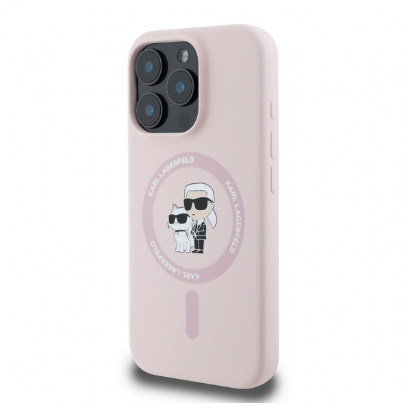 Karl Lagerfeld flytande silikon Karl och Choupette MagSafe-fodral till iPhone 16 Pro Pink