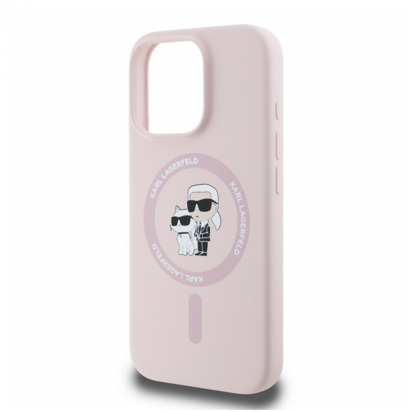 Karl Lagerfeld flytande silikon Karl och Choupette MagSafe-fodral till iPhone 16 Pro Pink