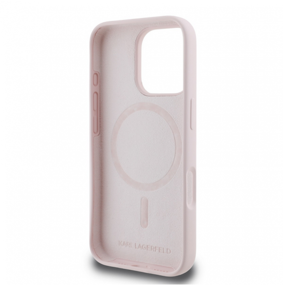 Karl Lagerfeld flytande silikon Karl och Choupette MagSafe-fodral till iPhone 16 Pro Pink