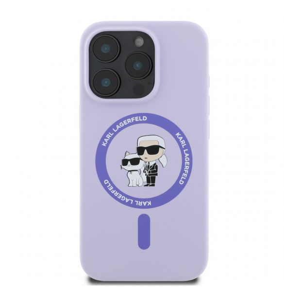 Karl Lagerfeld flytande silikon Karl och Choupette MagSafe-fodral till iPhone 16 Pro Lila