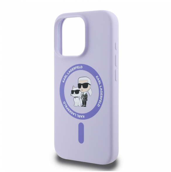 Karl Lagerfeld flytande silikon Karl och Choupette MagSafe-fodral till iPhone 16 Pro Lila