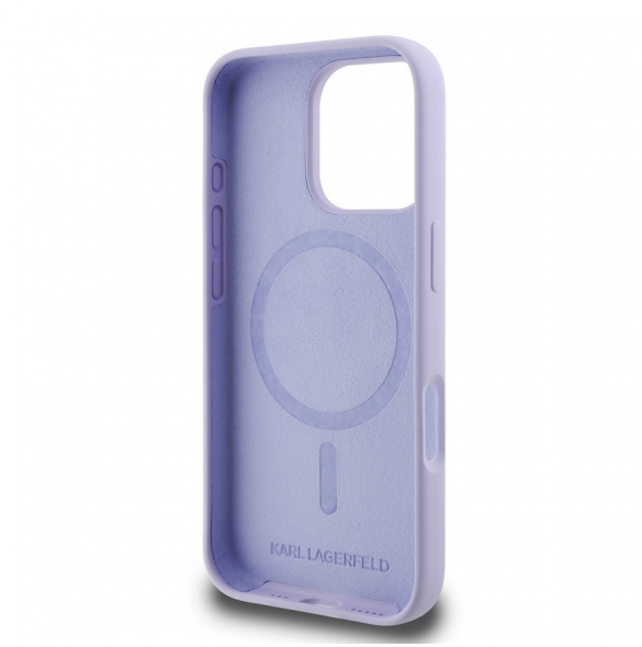 Karl Lagerfeld flytande silikon Karl och Choupette MagSafe-fodral till iPhone 16 Pro Lila