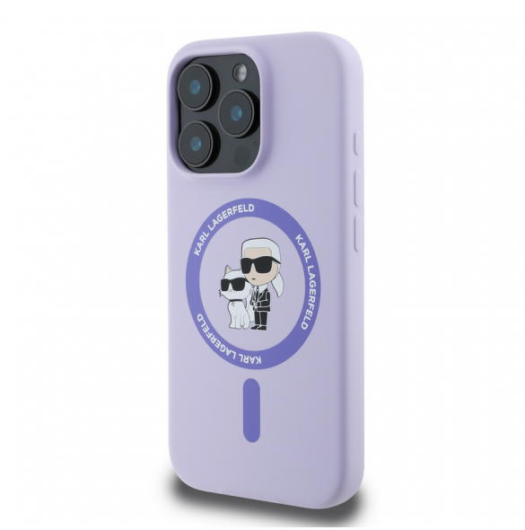 Karl Lagerfeld flytande silikon Karl och Choupette MagSafe-fodral för iPhone 16 Pro Max Lila