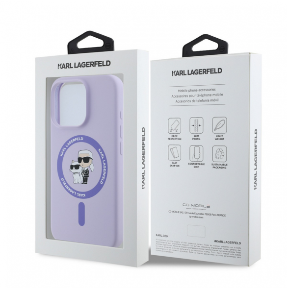 Karl Lagerfeld flytande silikon Karl och Choupette MagSafe-fodral för iPhone 16 Pro Max Lila
