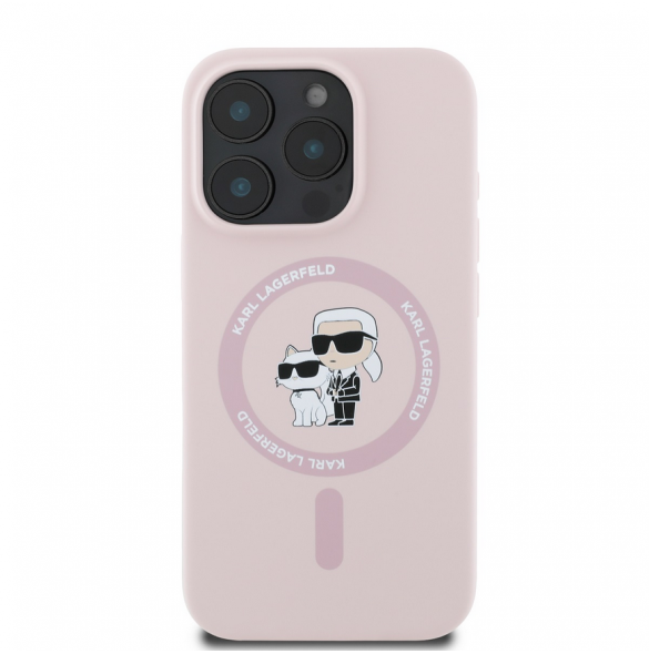 Karl Lagerfeld Flytande Silikon Karl och Choupette MagSafe Fodral till iPhone 16 Pro Max Rosa
