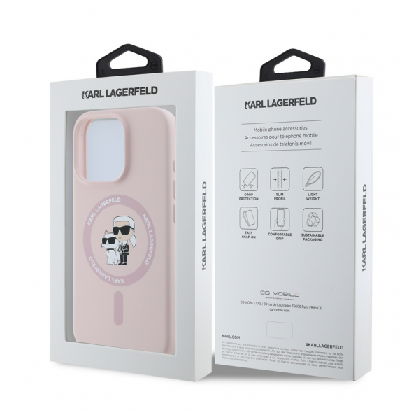 Karl Lagerfeld Flytande Silikon Karl och Choupette MagSafe Fodral till iPhone 16 Pro Max Rosa