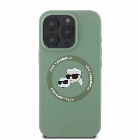 Karl Lagerfeld flytande silikon K&CH Heads MagSafe-fodral till iPhone 16 Pro Kaki