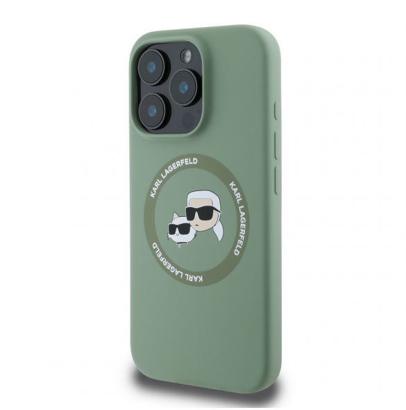 Karl Lagerfeld flytande silikon K&CH Heads MagSafe-fodral till iPhone 16 Pro Kaki