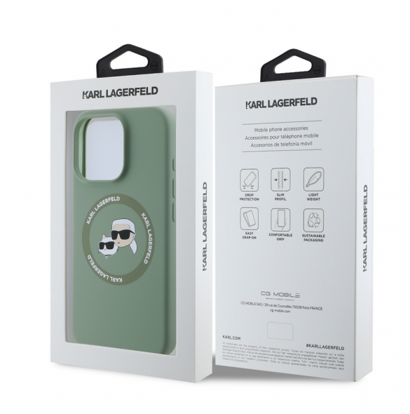 Karl Lagerfeld flytande silikon K&CH Heads MagSafe-fodral till iPhone 16 Pro Kaki