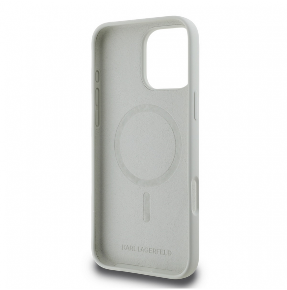 Karl Lagerfeld flytande silikon K&CH Heads MagSafe-fodral för iPhone 16 Pro Max Beige