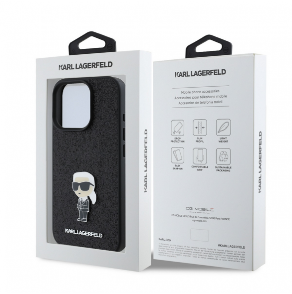 Karl Lagerfeld Fixed Glitter Metal Ikonik Fodral för iPhone 16 Pro Svart