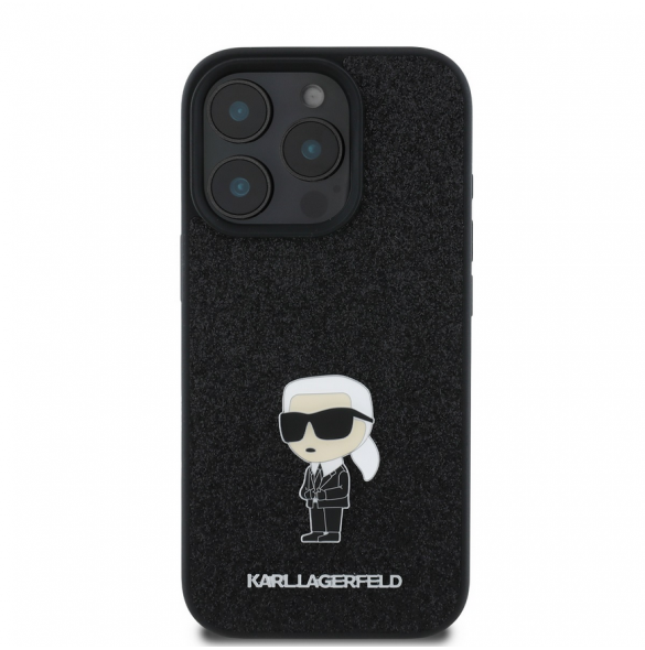 Karl Lagerfeld Fixed Glitter Metal Ikonik Fodral för iPhone 16 Pro Max Svart