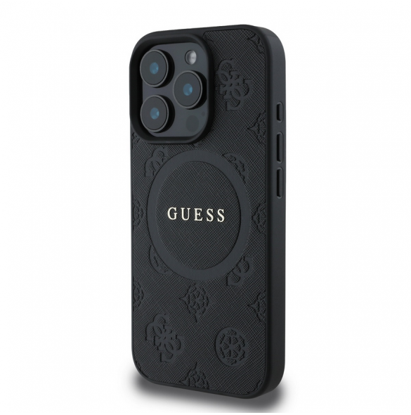 Guess Saffiano Peony Stamp MagSafe Fodral till iPhone 16 Pro Svart