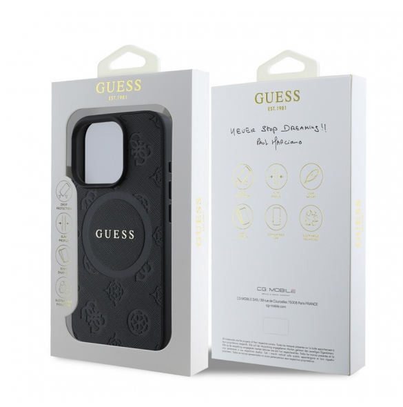 Guess Saffiano Peony Stamp MagSafe Fodral till iPhone 16 Pro Svart
