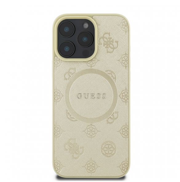 Guess Saffiano Peony Stamp MagSafe Fodral till iPhone 16 Pro Gold