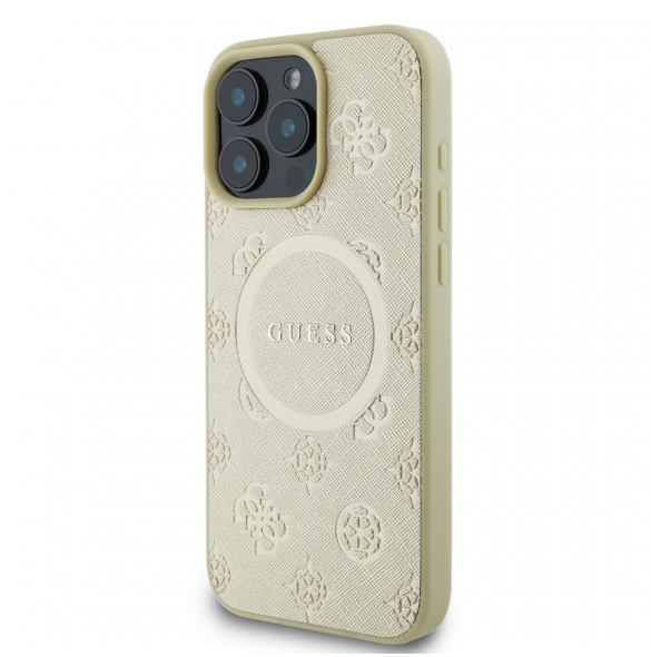 Guess Saffiano Peony Stamp MagSafe Fodral till iPhone 16 Pro Gold