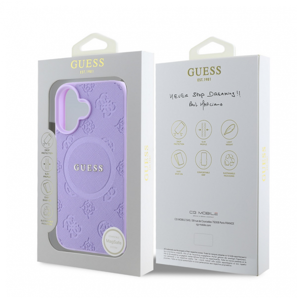 Guess Saffiano Peony Stamp MagSafe Fodral till iPhone 16 Lila