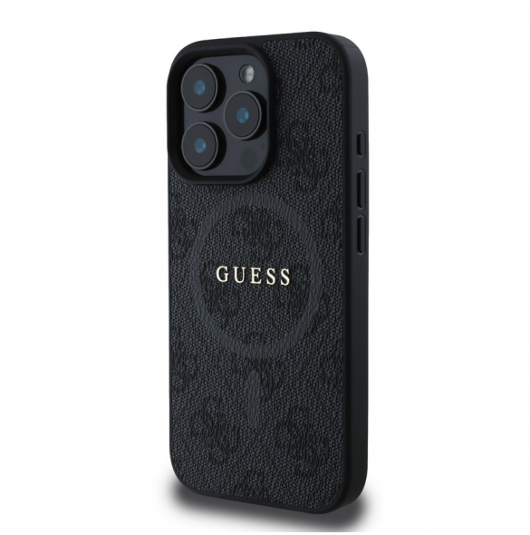 Guess PU Leather 4G Colored Ring MagSafe Fodral för iPhone 16 Pro Svart
