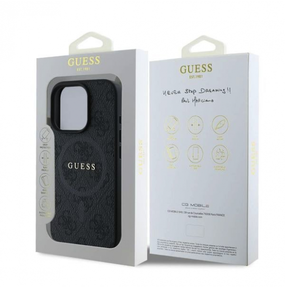 Guess PU Leather 4G Colored Ring MagSafe Fodral för iPhone 16 Pro Svart