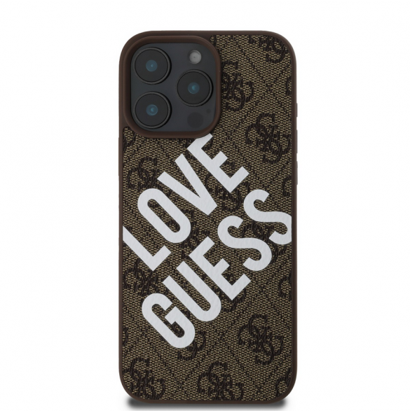 Guess PU Leather 4G Big Love Logo MagSafe Fodral för iPhone 16 Pro Max Brun