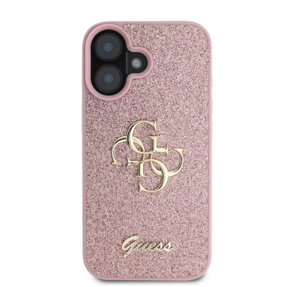 Guess PU Fixed Glitter 4G metalllogofodral för iPhone 16 Rosa