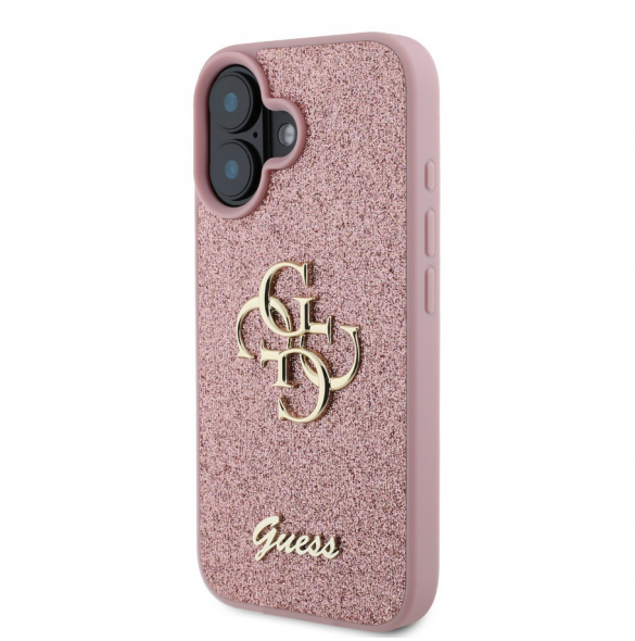 Guess PU Fixed Glitter 4G metalllogofodral för iPhone 16 Rosa