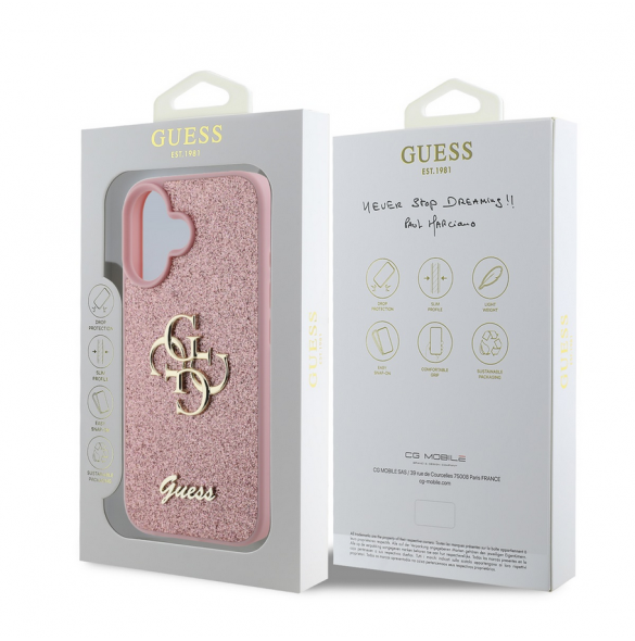 Guess PU Fixed Glitter 4G metalllogofodral för iPhone 16 Rosa