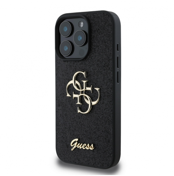 Guess PU Fixed Glitter 4G metalllogofodral för iPhone 16 Pro Svart