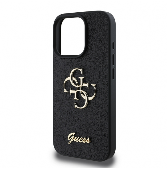 Guess PU Fixed Glitter 4G metalllogofodral för iPhone 16 Pro Svart