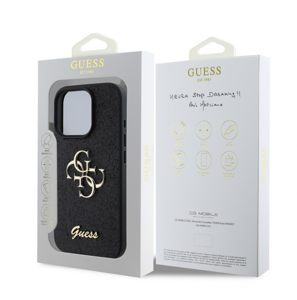 Guess PU Fixed Glitter 4G metalllogofodral för iPhone 16 Pro Svart