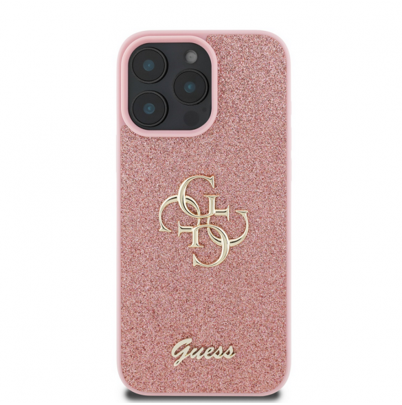 Guess PU Fixed Glitter 4G metalllogofodral för iPhone 16 Pro Pink