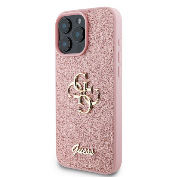 Guess PU Fixed Glitter 4G metalllogofodral för iPhone 16 Pro Pink