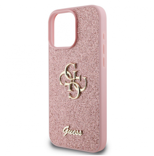 Guess PU Fixed Glitter 4G metalllogofodral för iPhone 16 Pro Pink