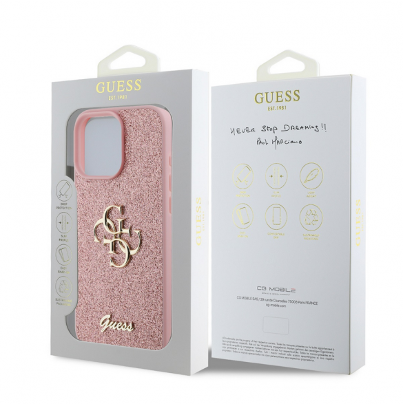 Guess PU Fixed Glitter 4G metalllogofodral för iPhone 16 Pro Pink