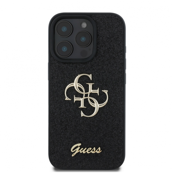 Guess PU Fixed Glitter 4G metalllogofodral för iPhone 16 Pro Max Svart