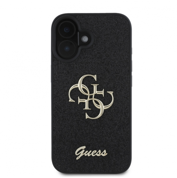 Guess PU Fixed Glitter 4G metalllogofodral för iPhone 16 Plus Svart