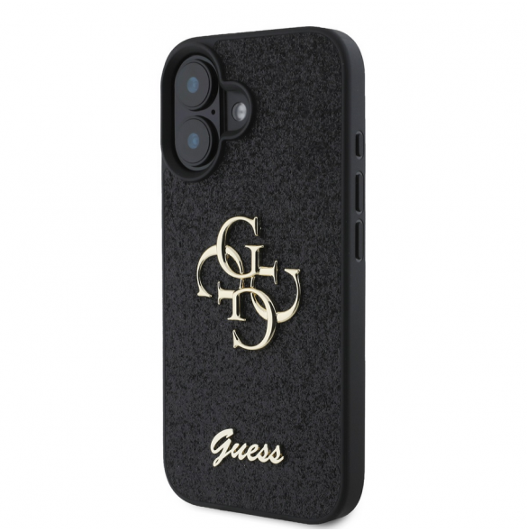 Guess PU Fixed Glitter 4G metalllogofodral för iPhone 16 Plus Svart