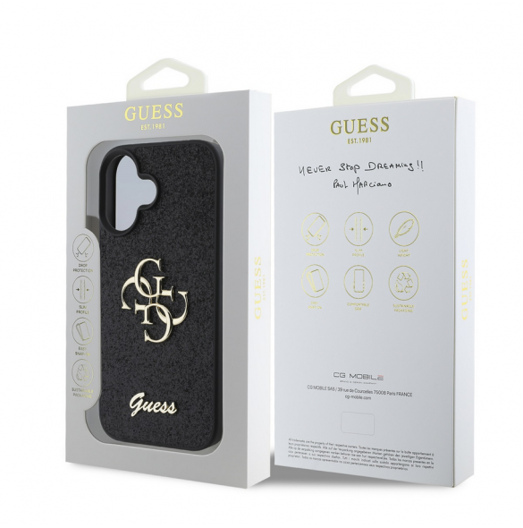 Guess PU Fixed Glitter 4G metalllogofodral för iPhone 16 Plus Svart