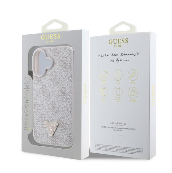 Guess PU 4G Strass Triangle Metal Logo Fodral till iPhone 16 Rosa