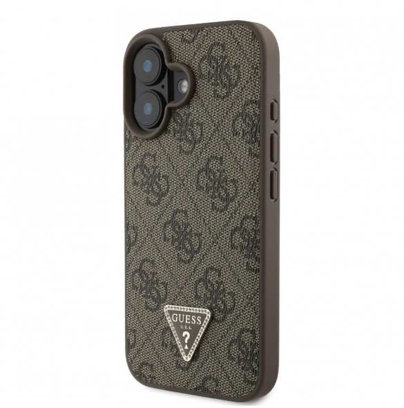 Guess PU 4G Strass Triangle Metal Logo Fodral till iPhone 16 Brun